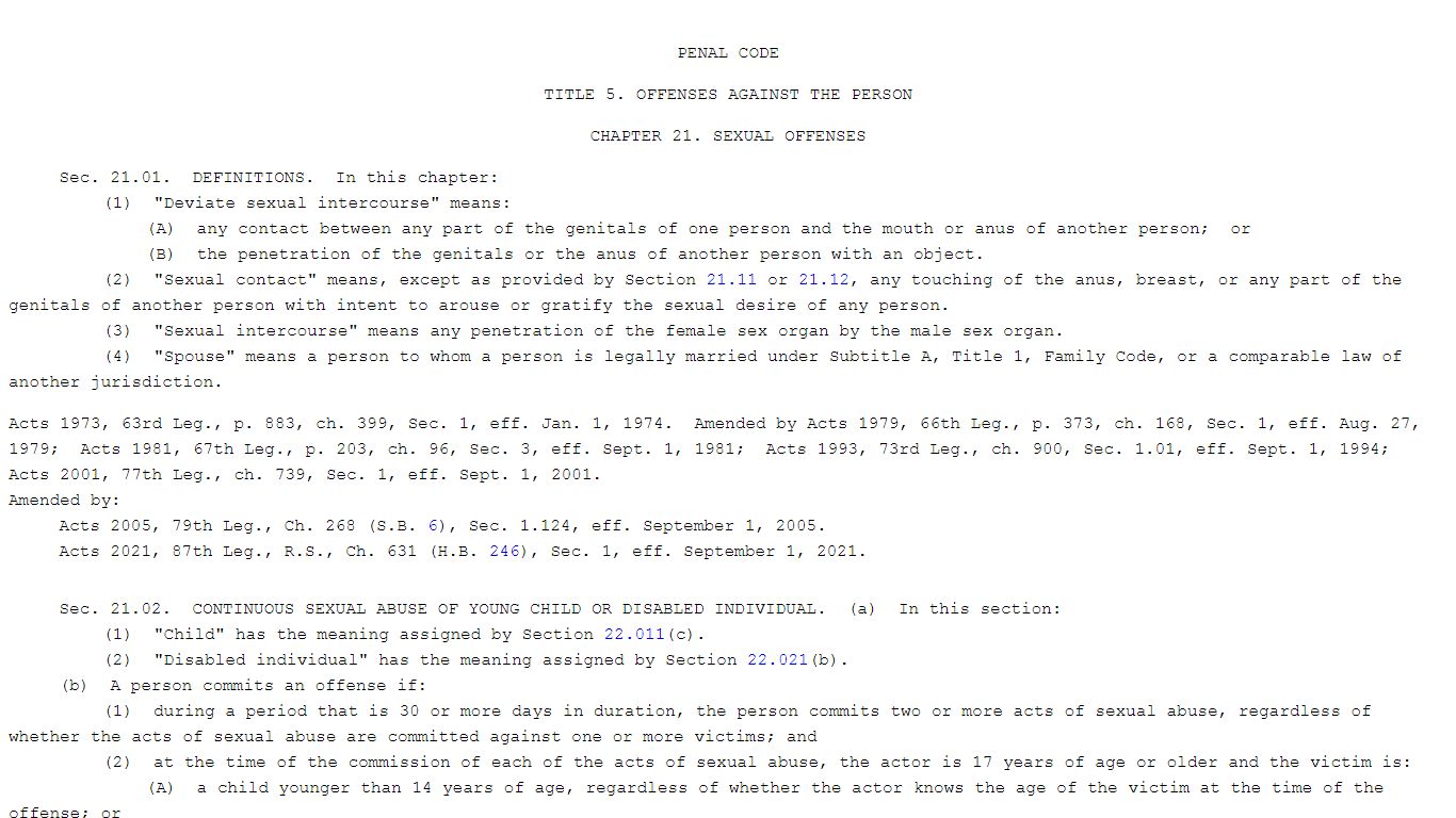 PENAL CODE CHAPTER 21. SEXUAL OFFENSES - Texas